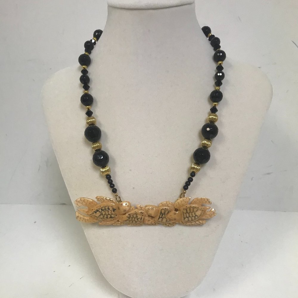 Handmade Turtle Necklace with Black & Gold Beads